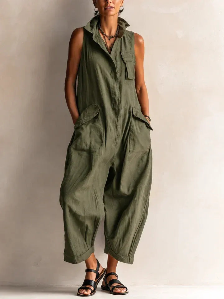 Collared Sleeveless Patch Pocket Wide Leg Jumpsuit 5