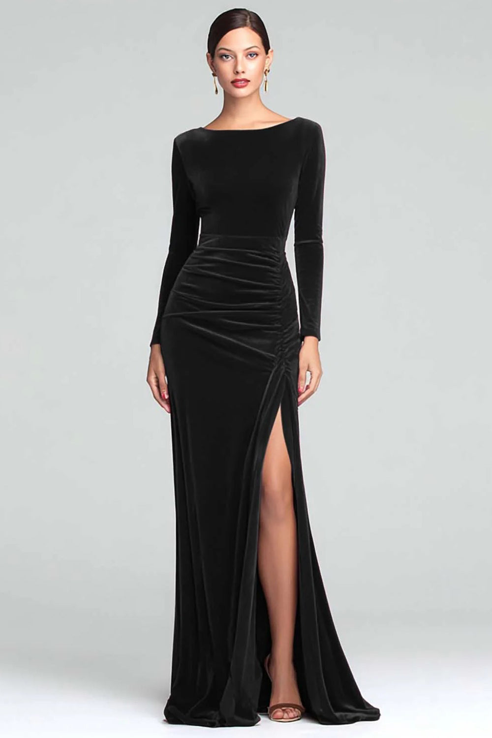 Burgundy Boat Neck Velvet Ruched Long Sleeves Holiday Party Dress