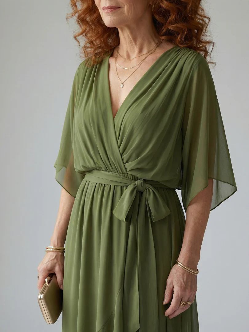 V-Neck Half Sleeve Belted Wrap High Low Midi Dress 6