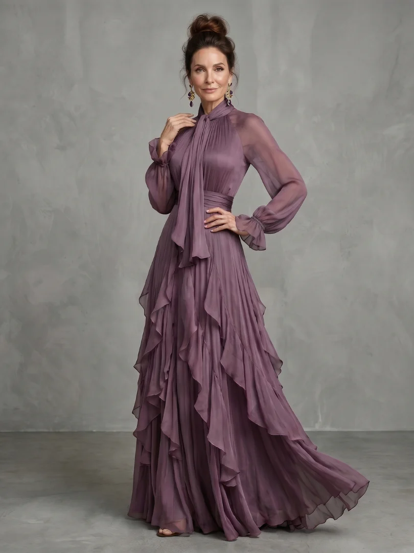 Tie Neck Long Sleeve Tiered Ruffle Chiffon Maxi Dress 2