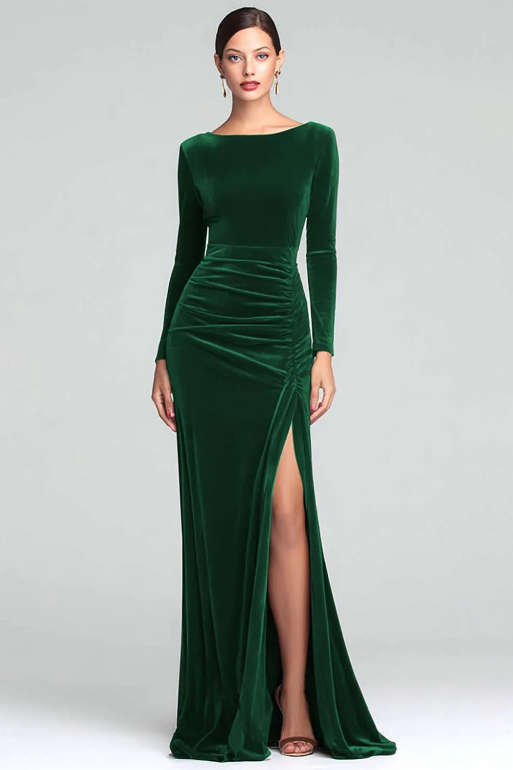 Burgundy Boat Neck Velvet Ruched Long Sleeves Holiday Party Dress