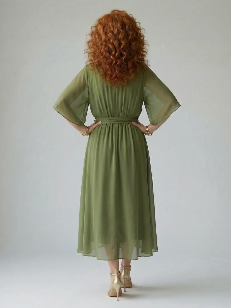 V-Neck Half Sleeve Belted Wrap High Low Midi Dress 5