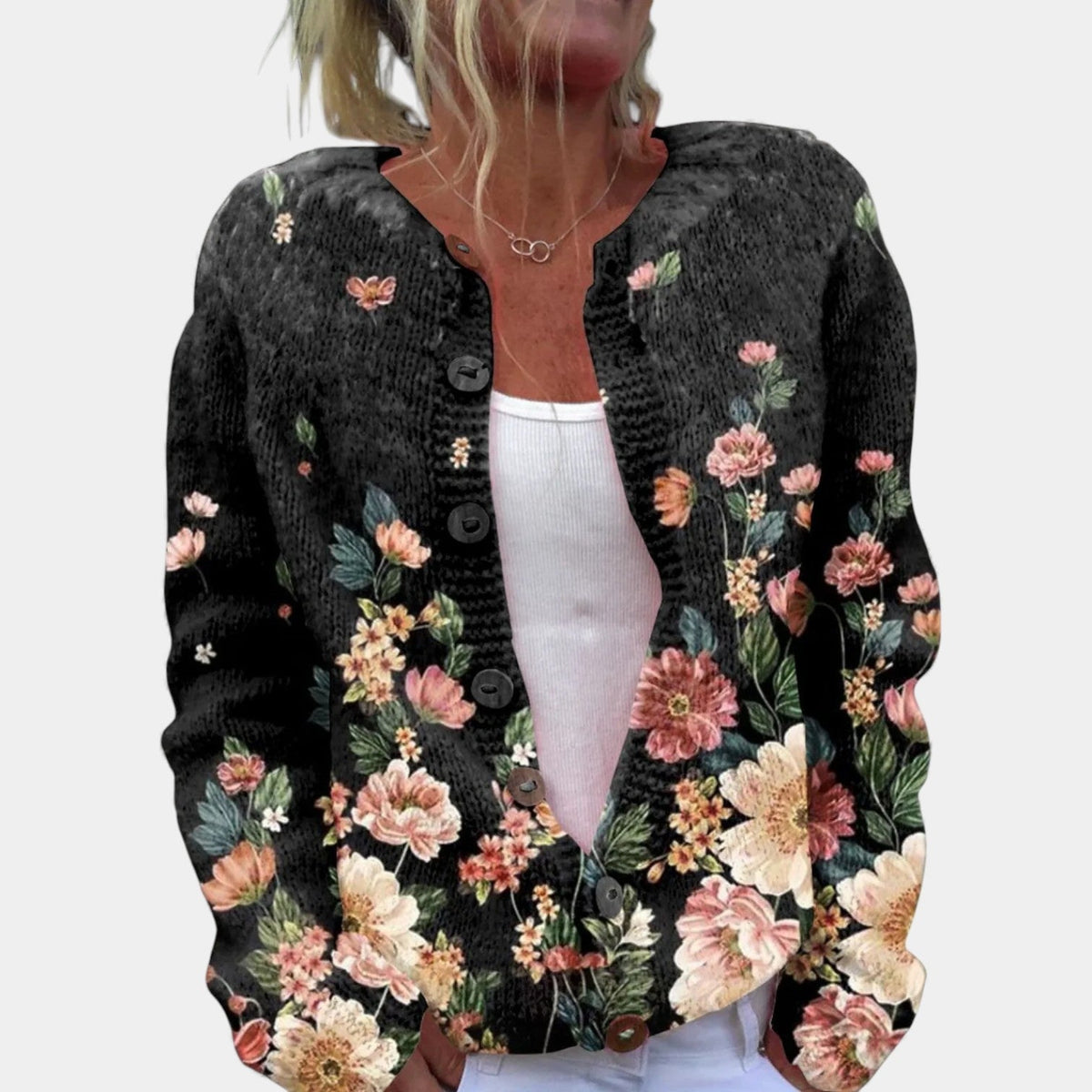 Floral Print Crew Neck Button Down Cardigan