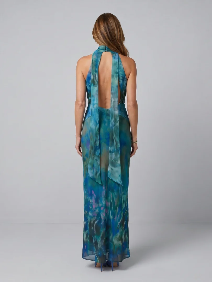 Watercolor Keyhole Halter Neck High Split Maxi Dress 4