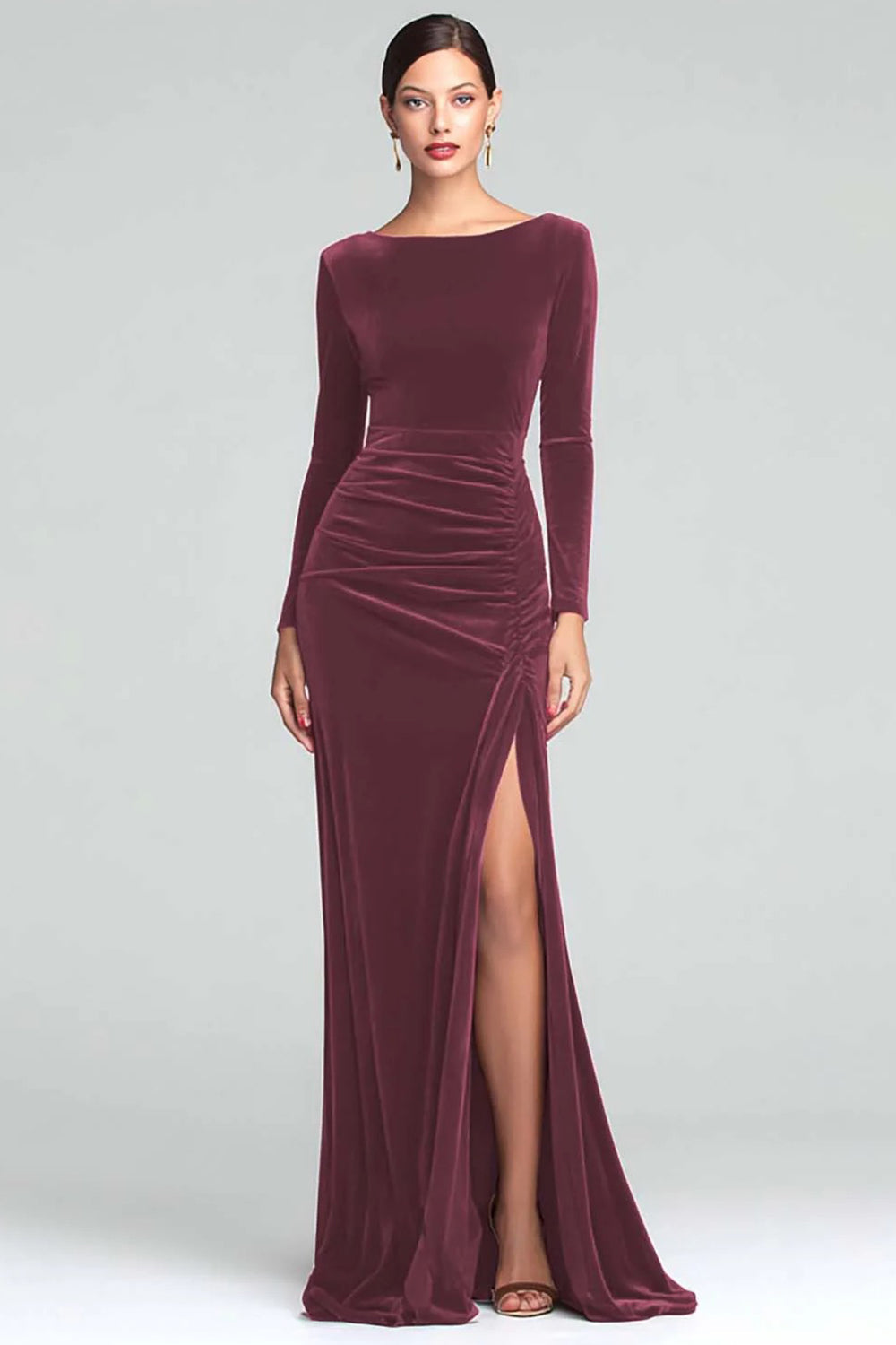 Burgundy Boat Neck Velvet Ruched Long Sleeves Holiday Party Dress