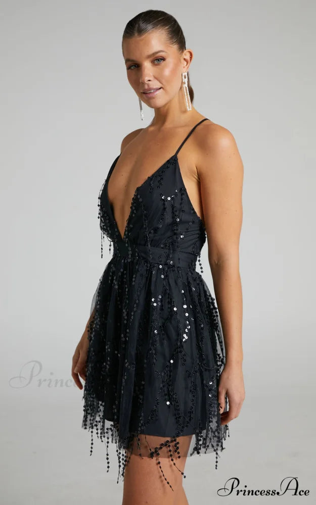 Sequin Tassel Halter Plunge Babydoll Mini Dress 7