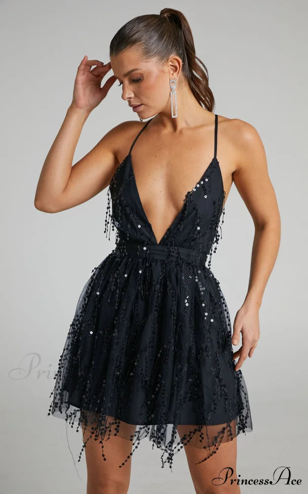 Sequin Tassel Halter Plunge Babydoll Mini Dress 6