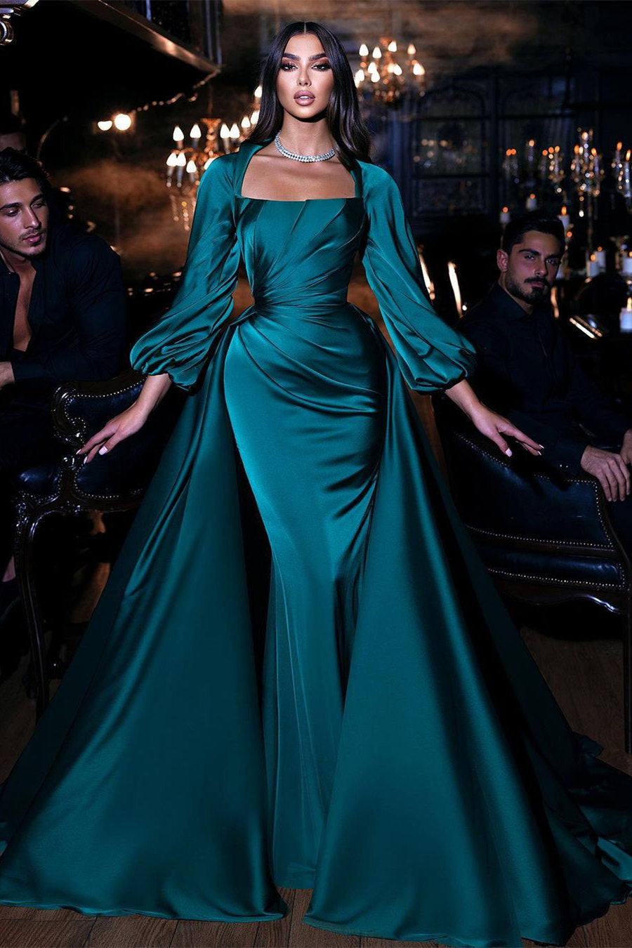 Ink Blue Long Sleeves Prom Dress Mermaid Overskirt - Fashionpara