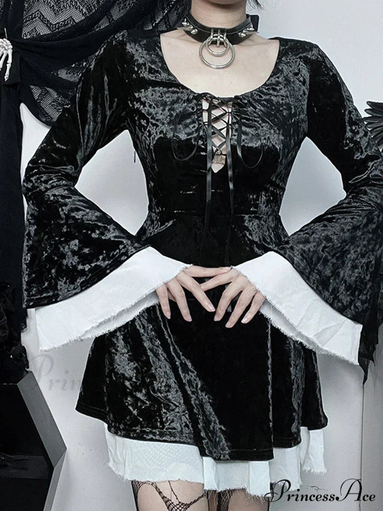 InsGoth Gothic Lace Up Velvet Queen Renaissance Medieval Witch Vintage Cosplay Party Dress
