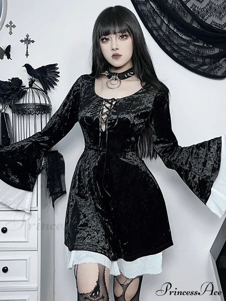 InsGoth Gothic Lace Up Velvet Queen Renaissance Medieval Witch Vintage Cosplay Party Dress