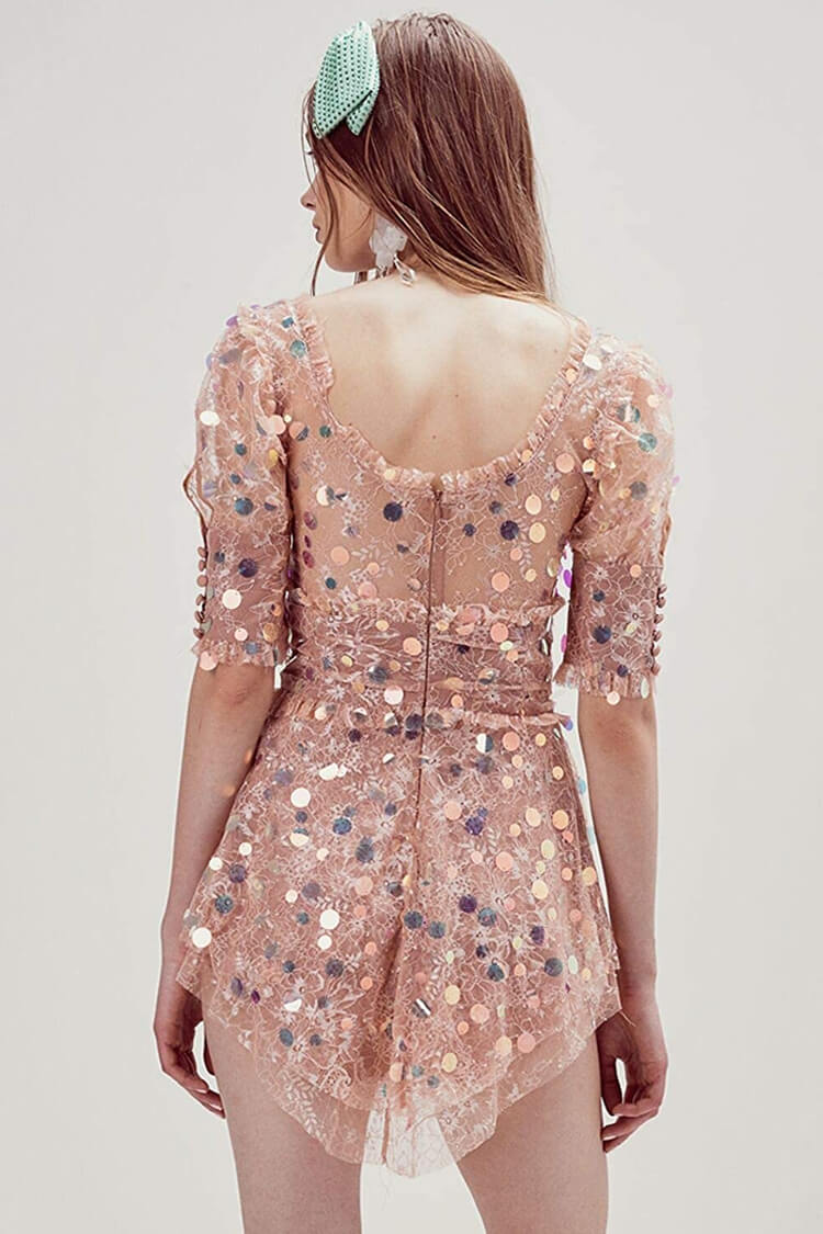 Iridescent Sequin Puff Sleeve Frilly Lace Mini Dress - Pink  Fashionpara