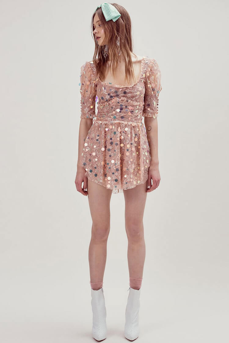 Iridescent Sequin Puff Sleeve Frilly Lace Mini Dress - Pink  Fashionpara