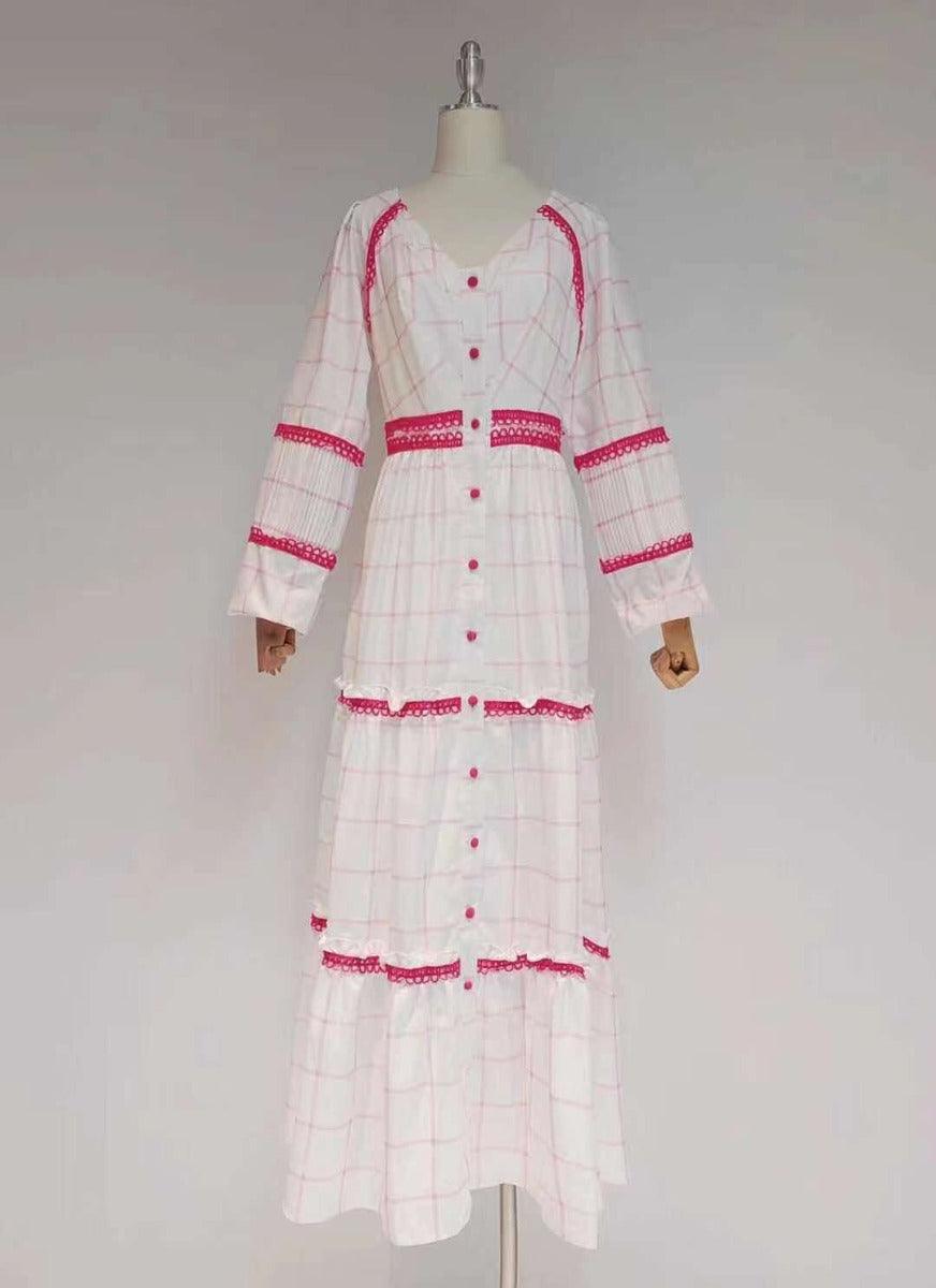 Check Print V-Neck Long Sleeve Tiered Maxi Dress