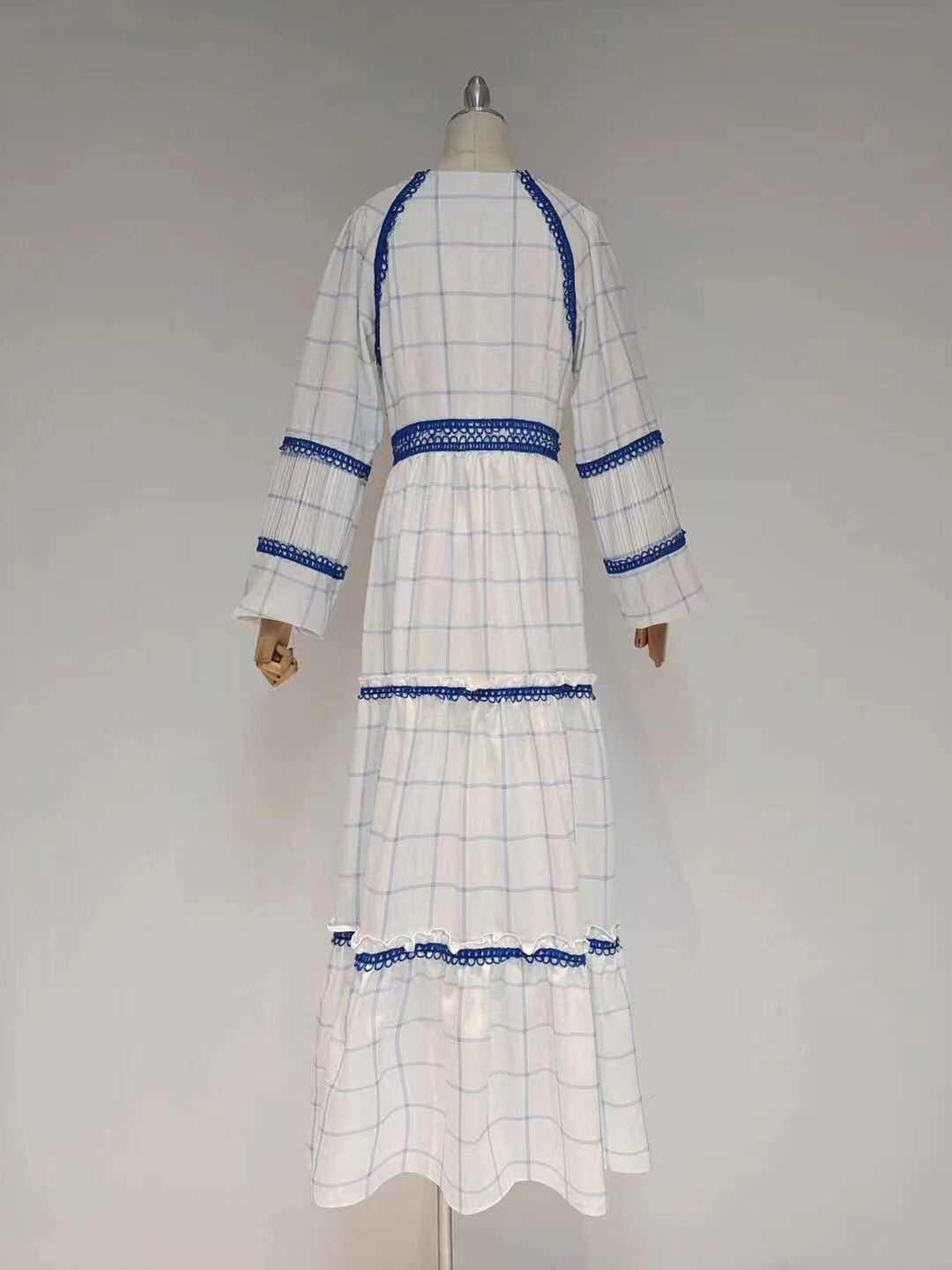 Check Print V-Neck Long Sleeve Tiered Maxi Dress