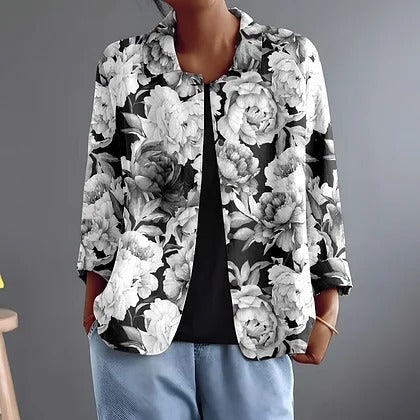 Floral Print Collared Open Front Jacket