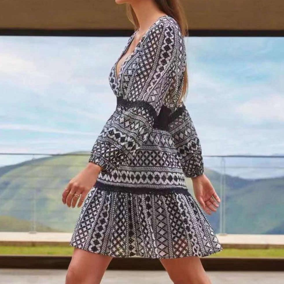 Geo Print V-Neck Long Sleeve Crochet Mini Dress