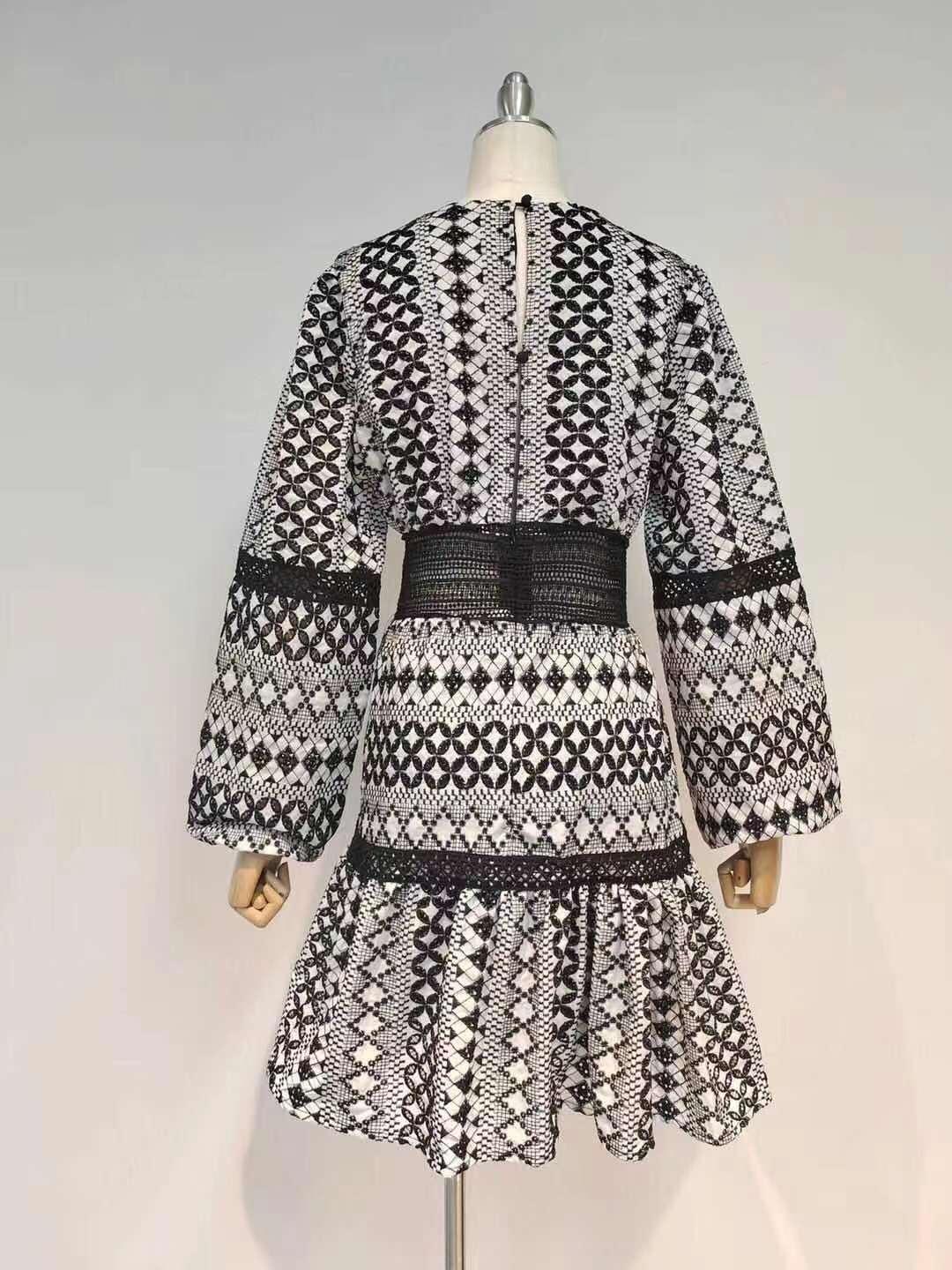 Geo Print V-Neck Long Sleeve Crochet Mini Dress