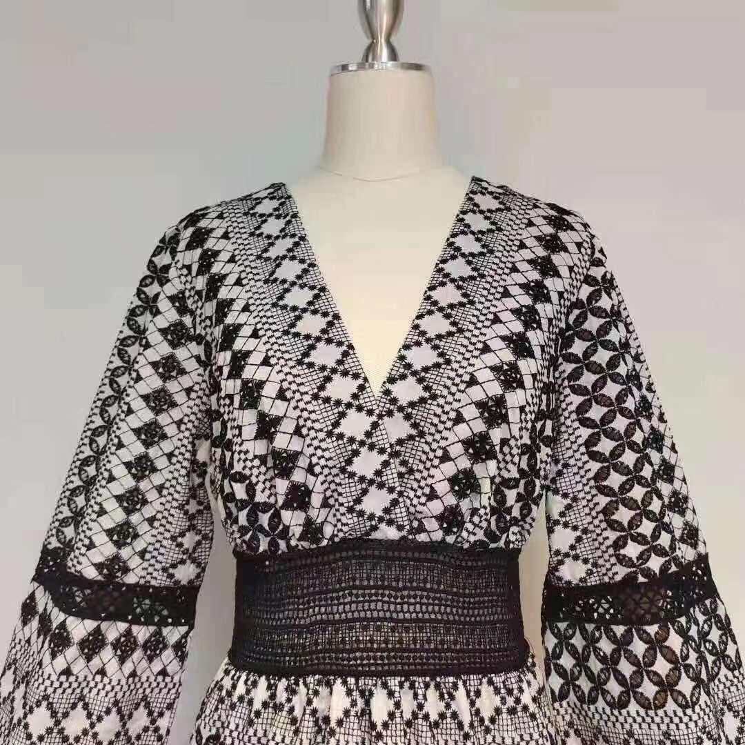 Geo Print V-Neck Long Sleeve Crochet Mini Dress
