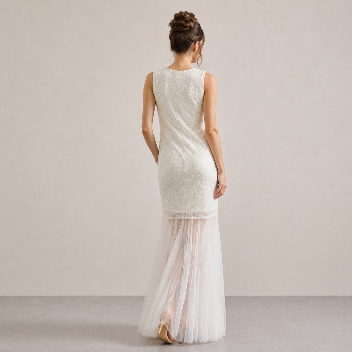 Crew Neck Sleeveless Lace Overlay Sheer Tulle Maxi Dress 3