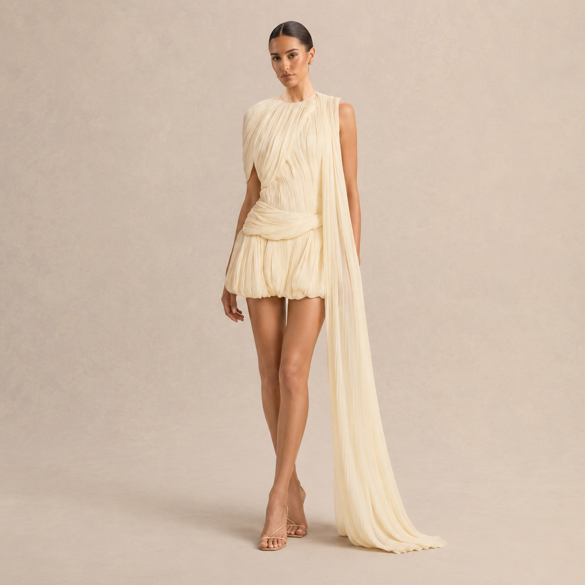Draped Pleated Sash Bubble Hem Mini Dress