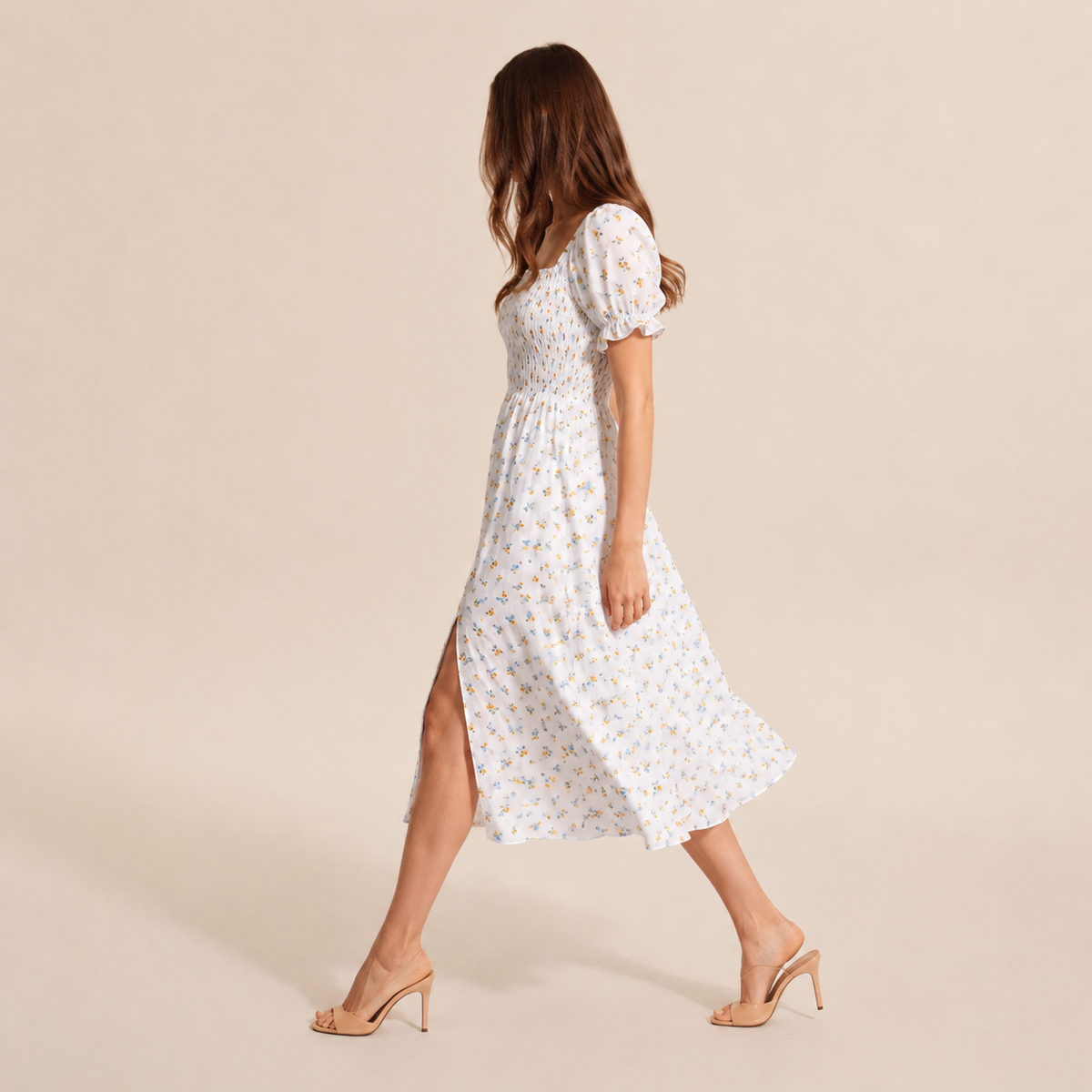 Floral Square Neck Puff Sleeve Smocked High Split Midi Dress 8