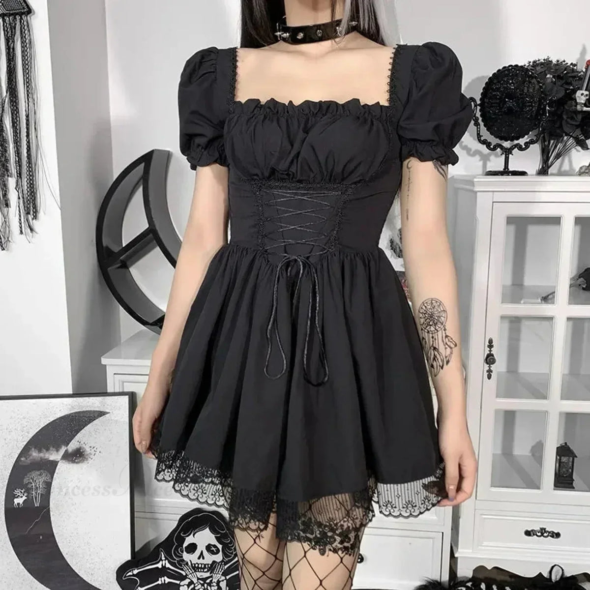 Lace Up Corset Square Neck Puff Sleeve Lace Trim Mini Dress