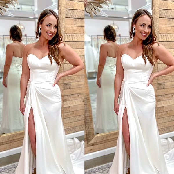 Ivory Satin Wedding Dress Mermaid Long With Slit - Fashionpara