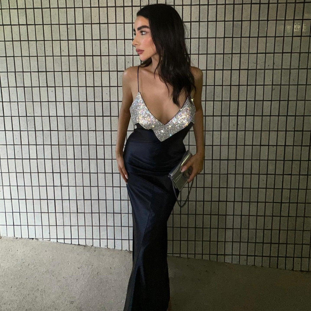 Crystal-Embellished V-Neck Spaghetti-Strap Slip Maxi Dress 4