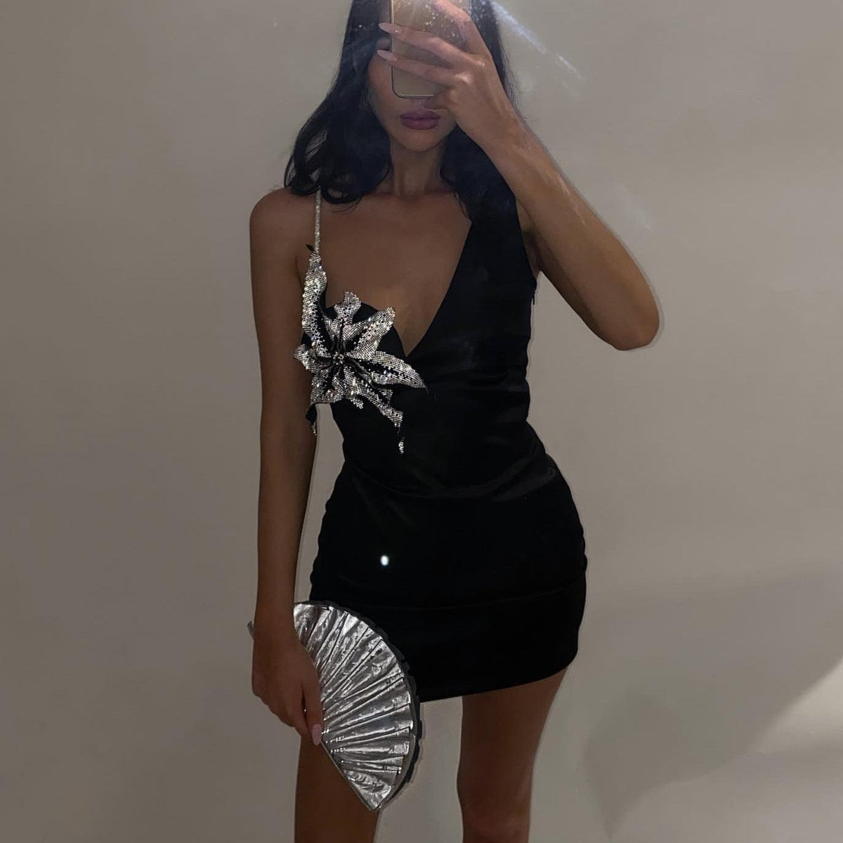 Rhinestone One Shoulder Deep V-Neck Floral Applique Bodycon Mini Dress