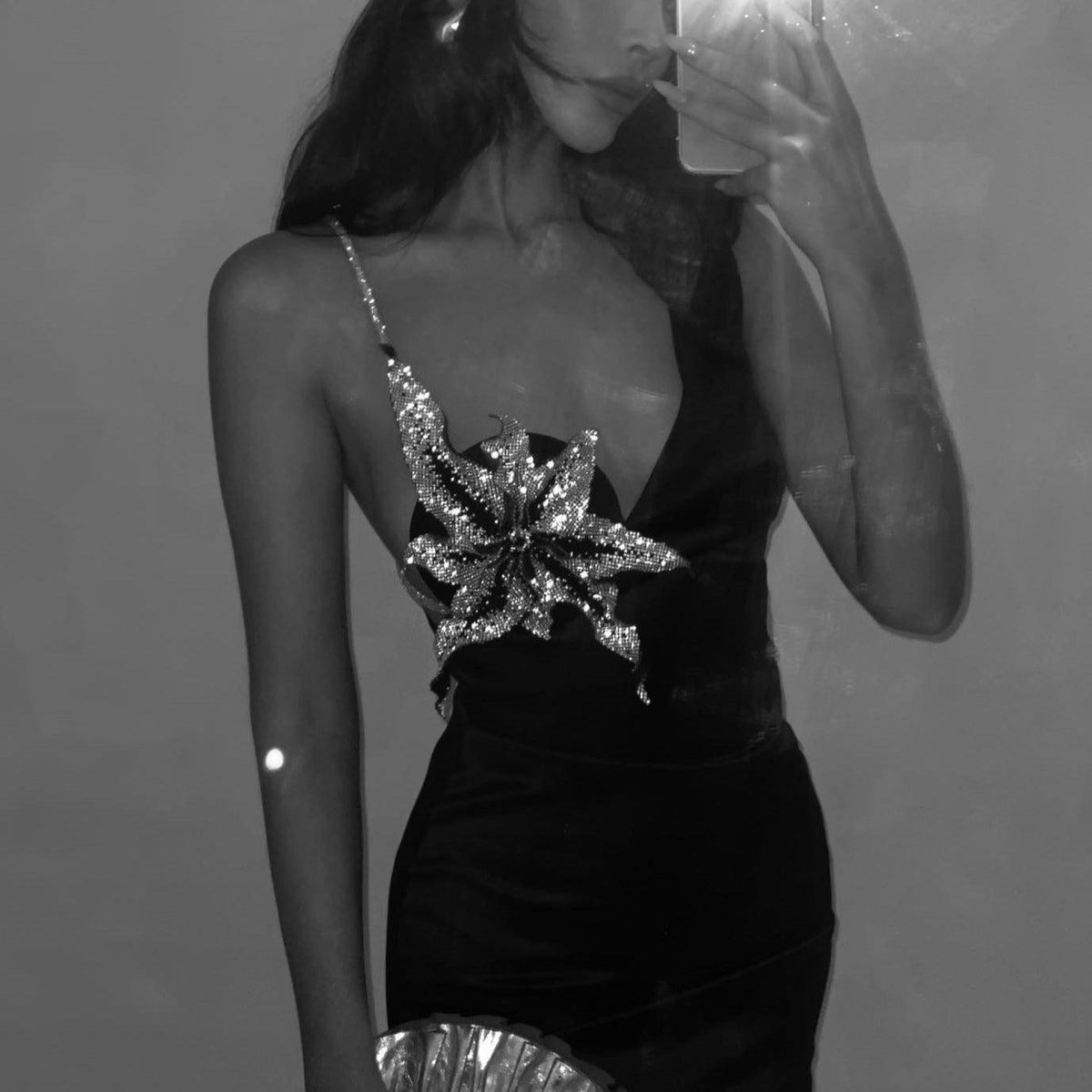 Rhinestone One Shoulder Deep V-Neck Floral Applique Bodycon Mini Dress - View 3