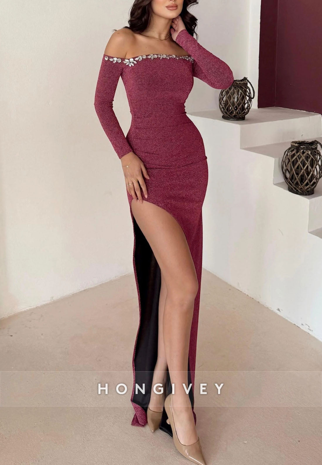 High Slit Long Sleeve Off the Shoulder Floor-Length Pleated Rhinestone Evening Gown