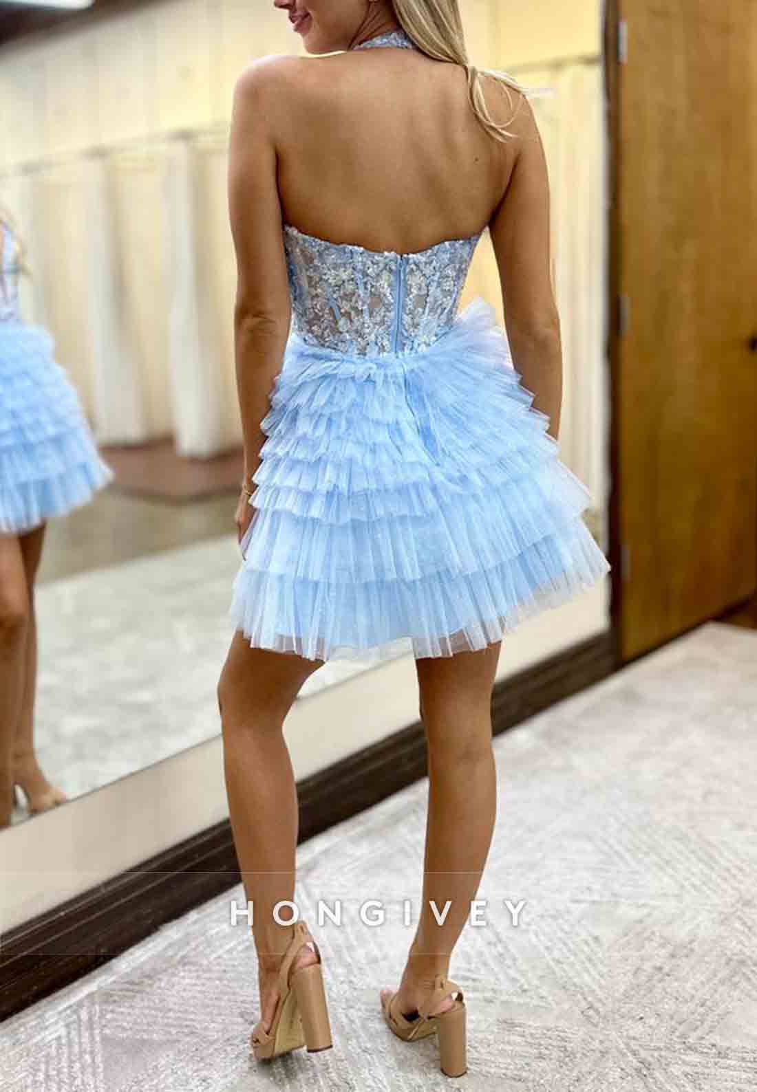 Halter A-Line Low Back Tulle Sleeveless Appliqued Ruched Short Homecoming Dresses