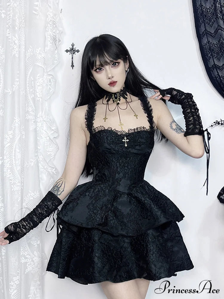 Jacquard Double Cake Suspender Vintage Lace Trim Backless A-Line Mini Sexy Club Cami Dress