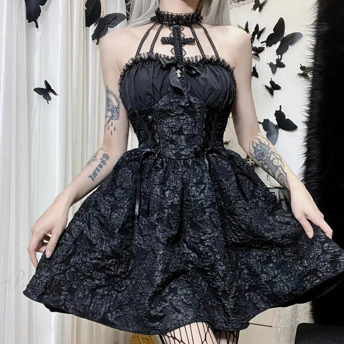 Jacquard Halter Neck Cross Collar Corset Lace Up Flared Mini Dress