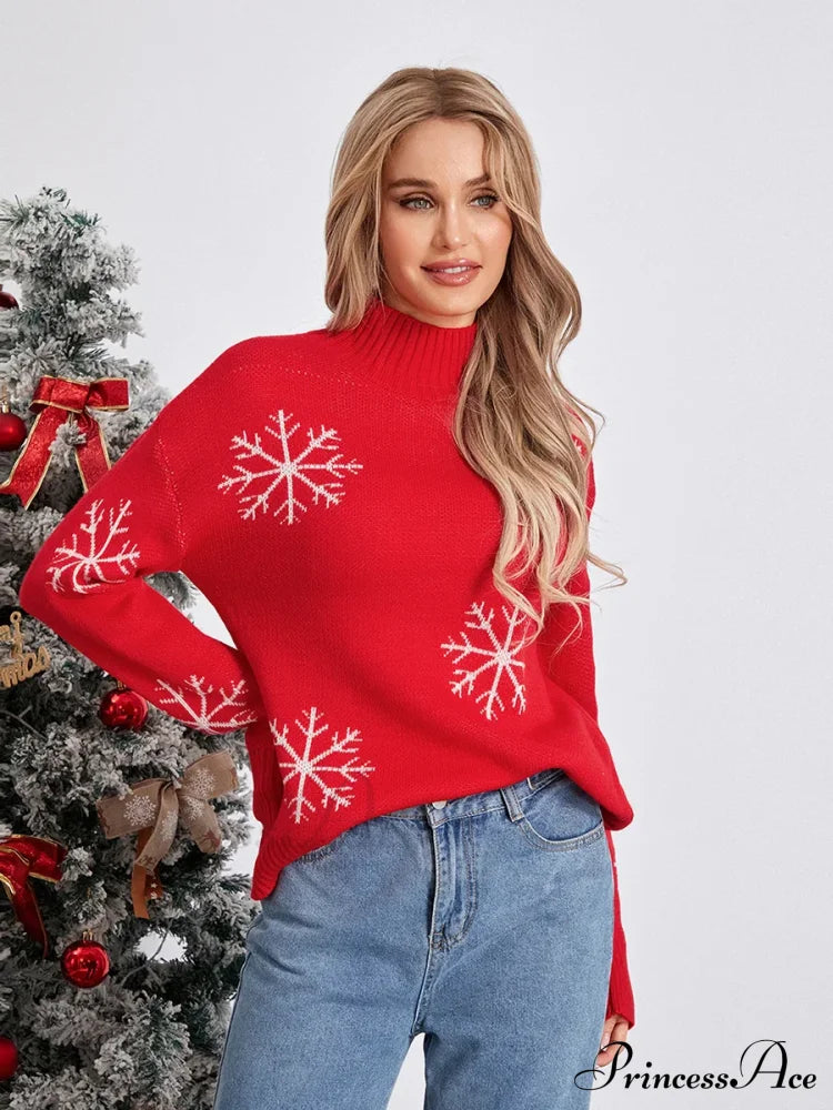 Jacquard Snowflake Long Sleeve TurtleNeck Loose Knit Christmas Sweater