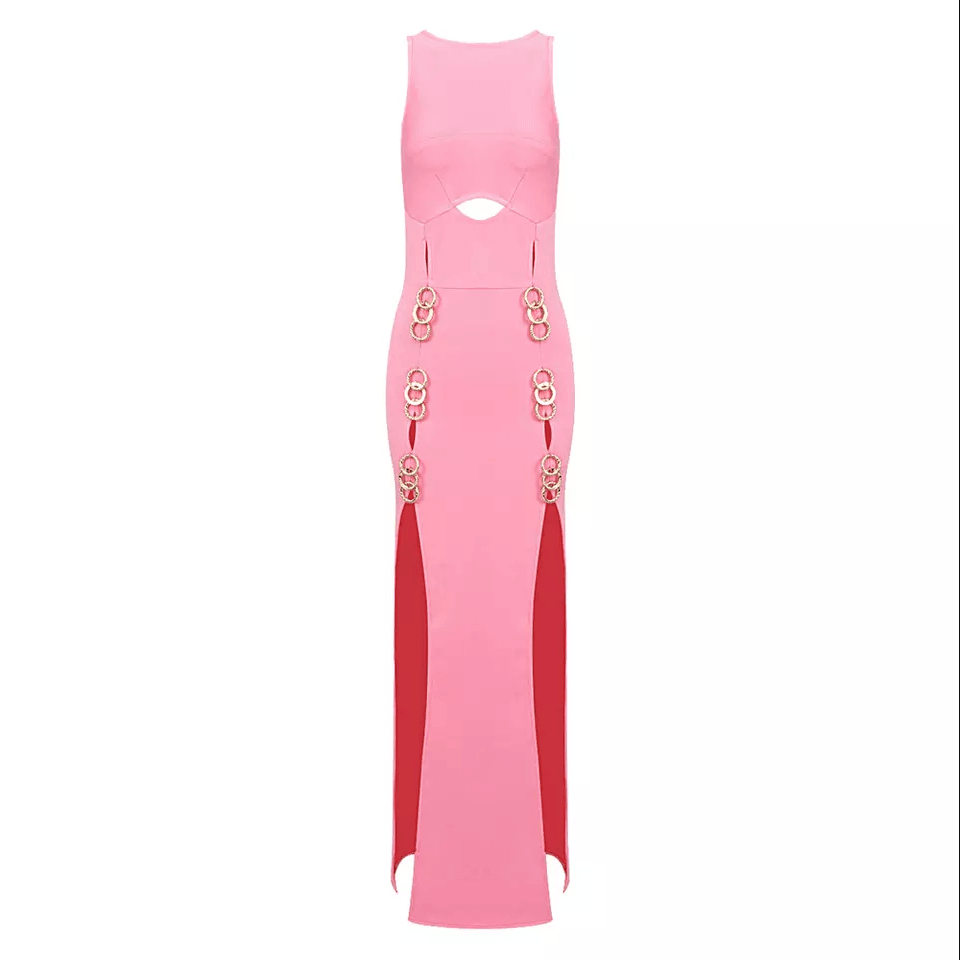 KittenAlarm - Jane Sleeveless Round Neck Double Side Slit Ring Embellished Maxi Dress