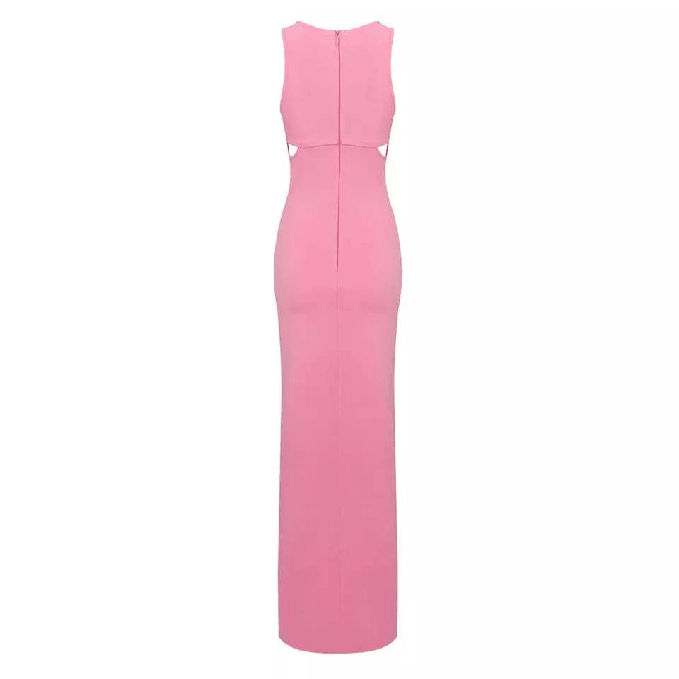 KittenAlarm - Jane Sleeveless Round Neck Double Side Slit Ring Embellished Maxi Dress
