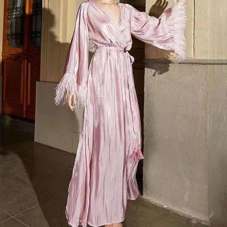 Satin Feather Trim V-Neck Long Sleeve Pleated Maxi Dress