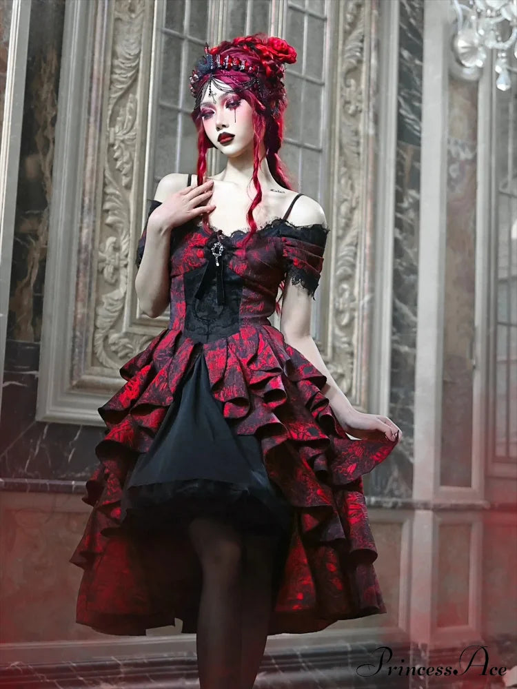 Japanese Gothic Style Red Black Halloween Off-Shoulder Court Wave Autumn Dark High-Waist Lolita Party Dress