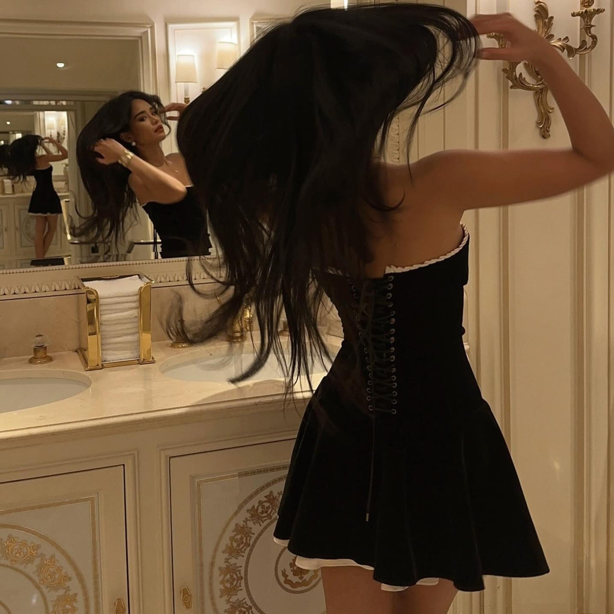 Velvet Strapless Contrast-Trim Flared Mini Dress 3