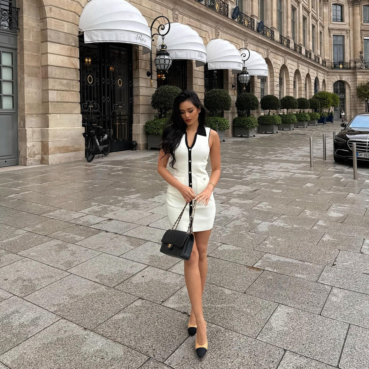 Contrast Knit Collared Sleeveless Button-Front Mini Dress 7