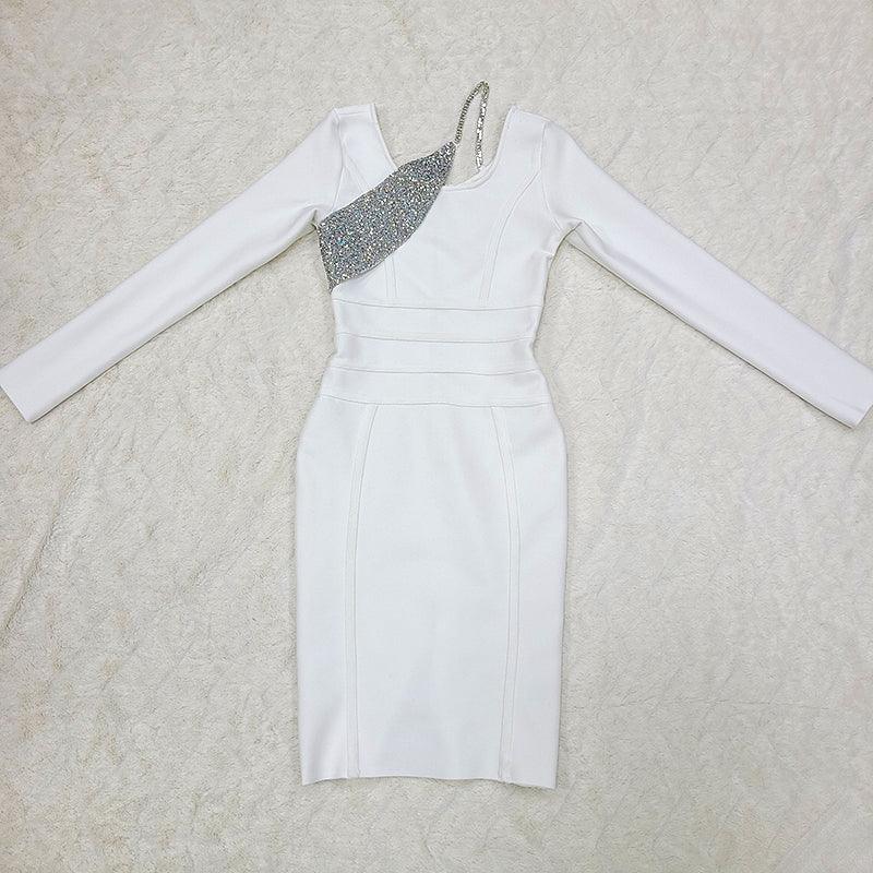 Sequin Asymmetric Neck Long Sleeve Bodycon Midi Dress