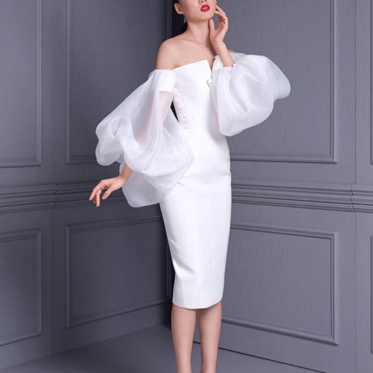 Organza Off Shoulder Puff Sleeve Bodycon Midi Dress