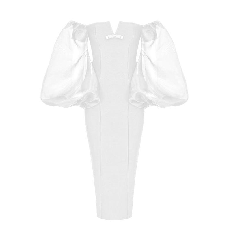 Organza Off Shoulder Puff Sleeve Bodycon Midi Dress