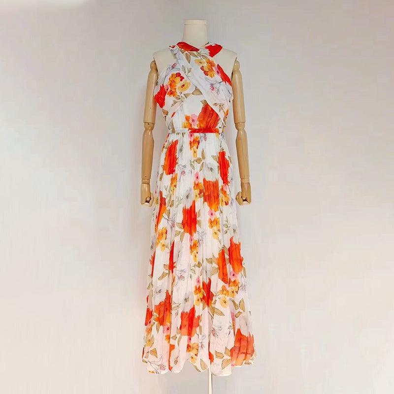 Floral Print Pleated Halter Neck Sleeveless Dress