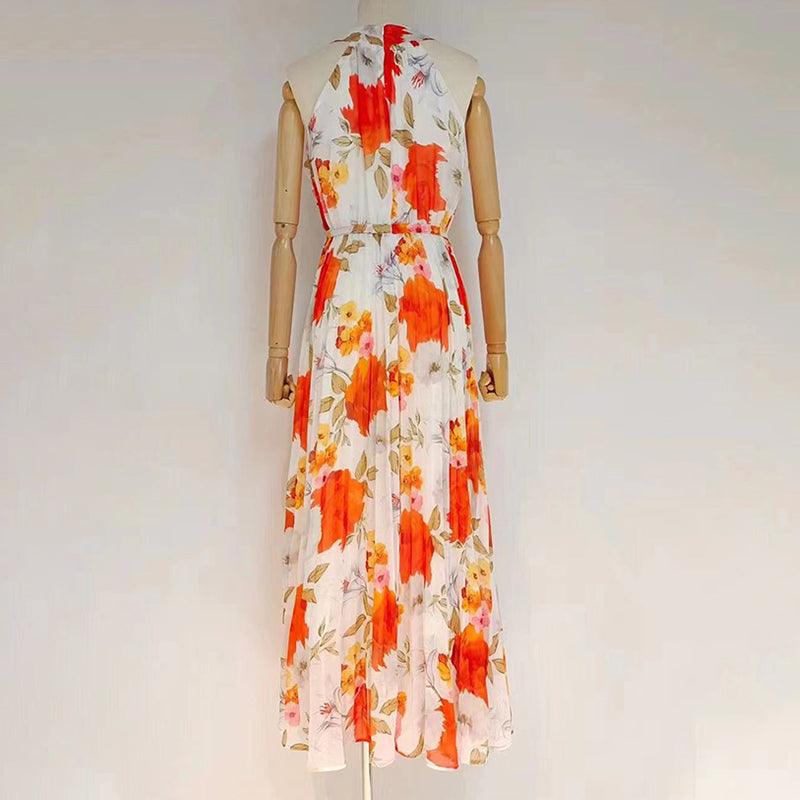 Floral Print Pleated Halter Neck Sleeveless Dress