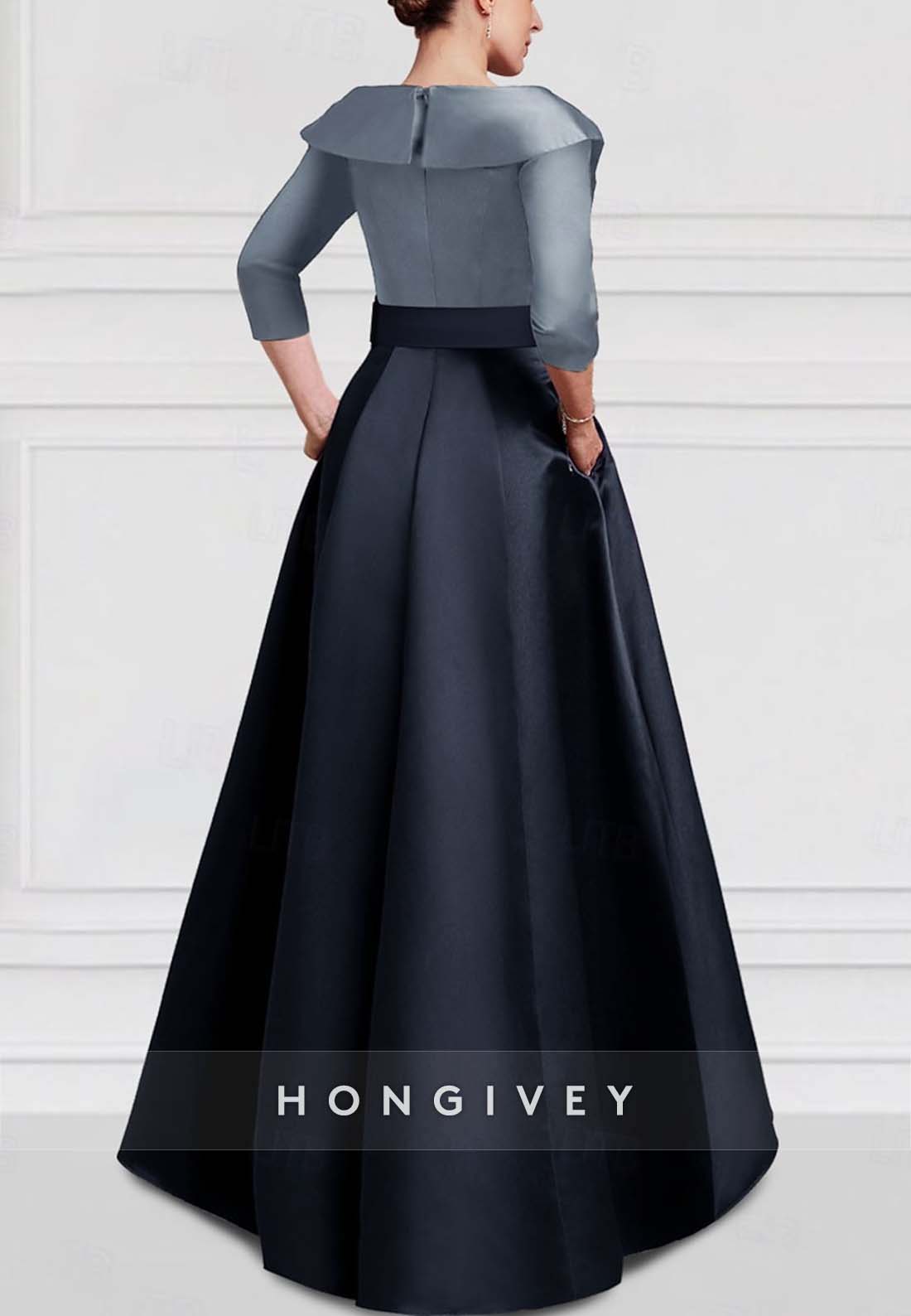 A-line Asymmetrical Evening Gown V Neck Half Sleeve Pockets Pleated Waistband Mother of the Bride