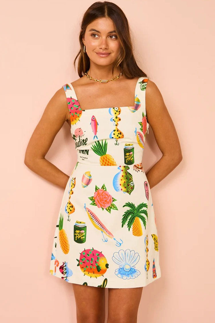 Joyful Scrawl Square Neck Lace Up Blend Linen Summer Mini Sundress