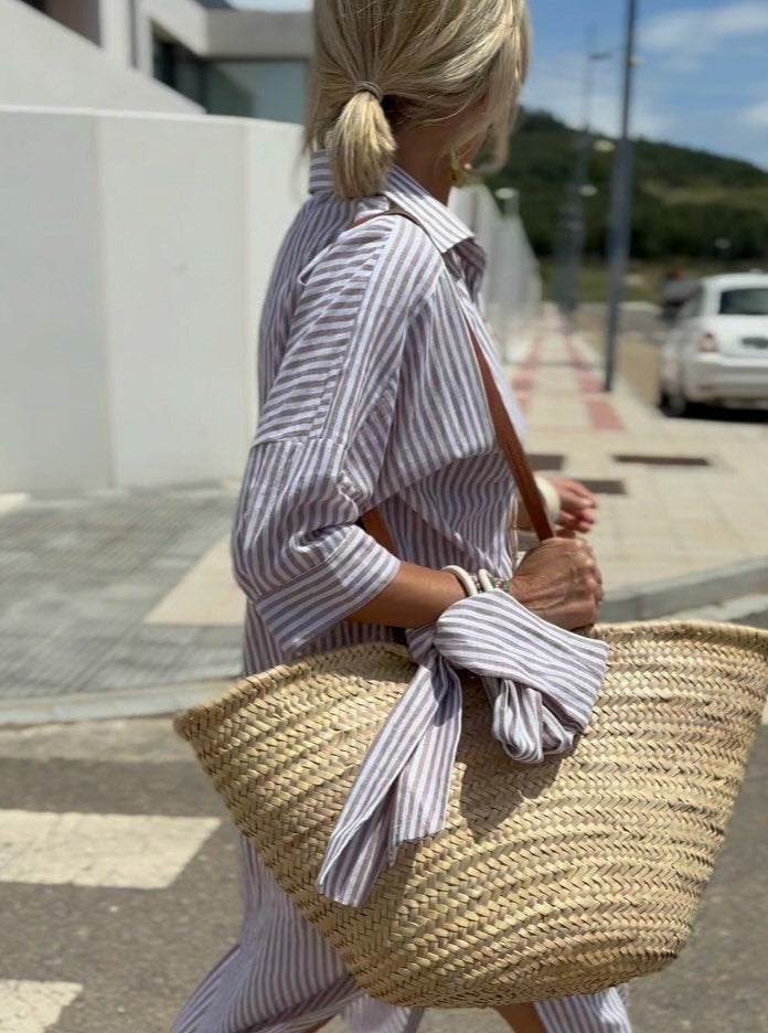 Vertical Stripe Button Down Long Sleeve High Split Midi Shirt Dress - View 6
