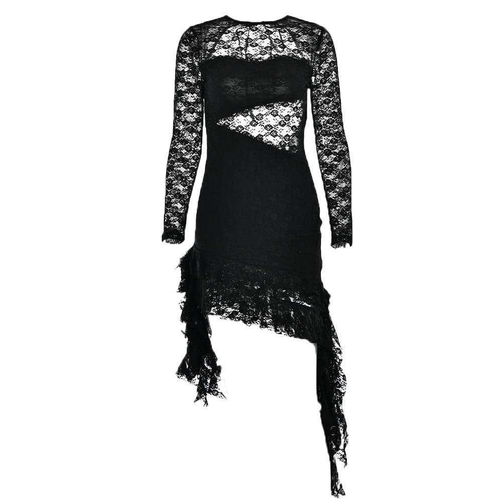 Lace backless solid ruffle long sleeve irregular mini dress - View 2